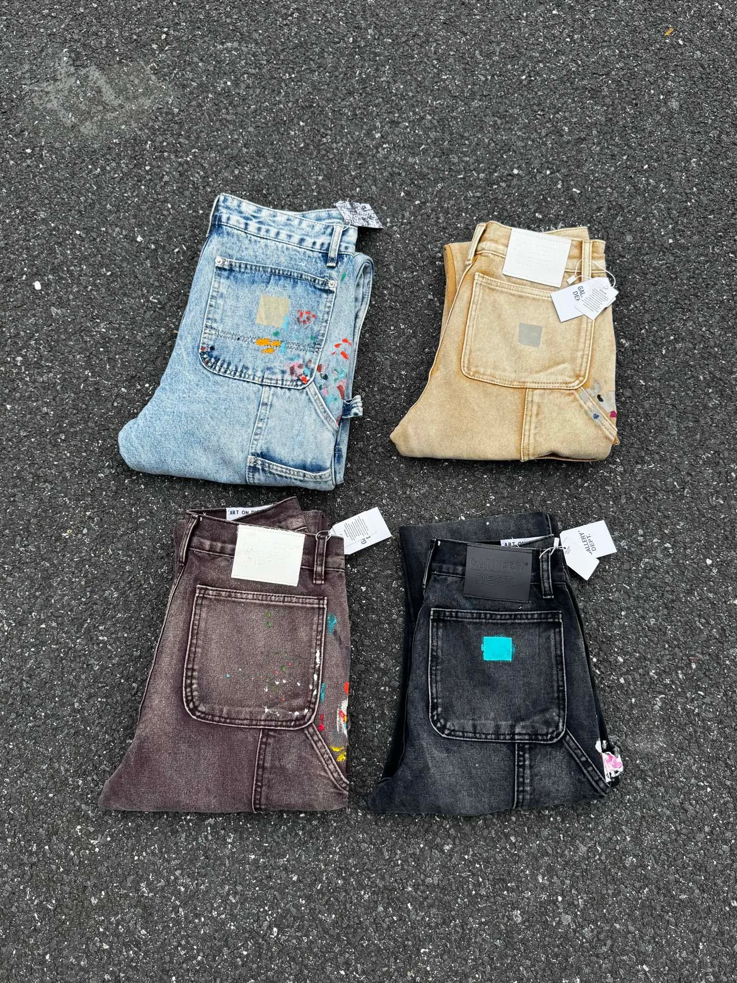 P250 (G95 black) (G90 burgundy) (G94 blue) (G91 khaki) GALLERY DEPT. Spliced ​​patchwork splash-ink denim flared pants washed and distressed spliced ​​jeans logging micro-flared jeans men and women same style Code number: 28 30 32 34 36